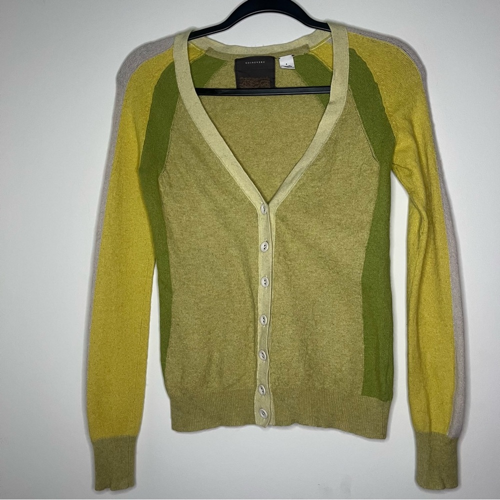 Anthropologie Guinevere Green and Yellow Color Block Cardigan Angora Blend